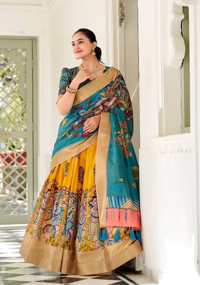 π Adorned in Elegance: Kalamkari Dola Silk Lehenga Choli π Whispering tales of tradition & beautyβ¦